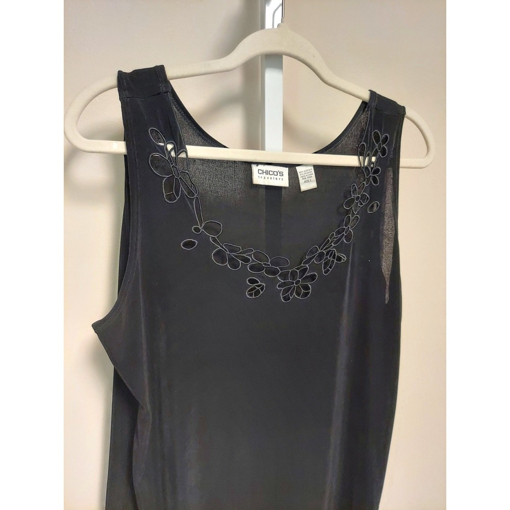 Chicos Travelers Black‎ Sleeveless Tank Top Floral Embroidered Cutout Size 2 L
